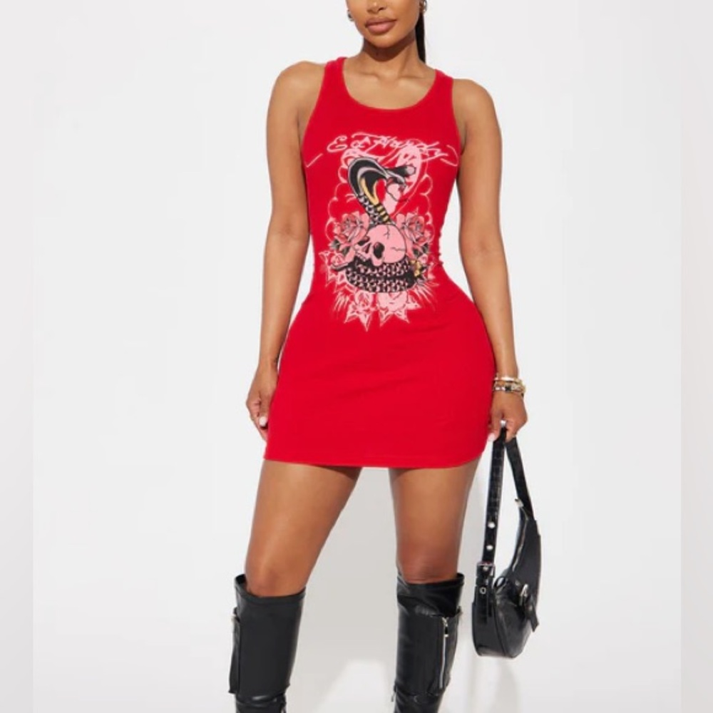 •Venom Kiss• Red Ribbed Graphic Tank Dress – by Ed Hardy